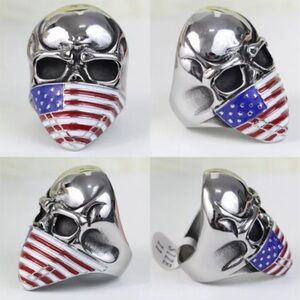 Stainless Steel Skull Patriotic Flag Ring